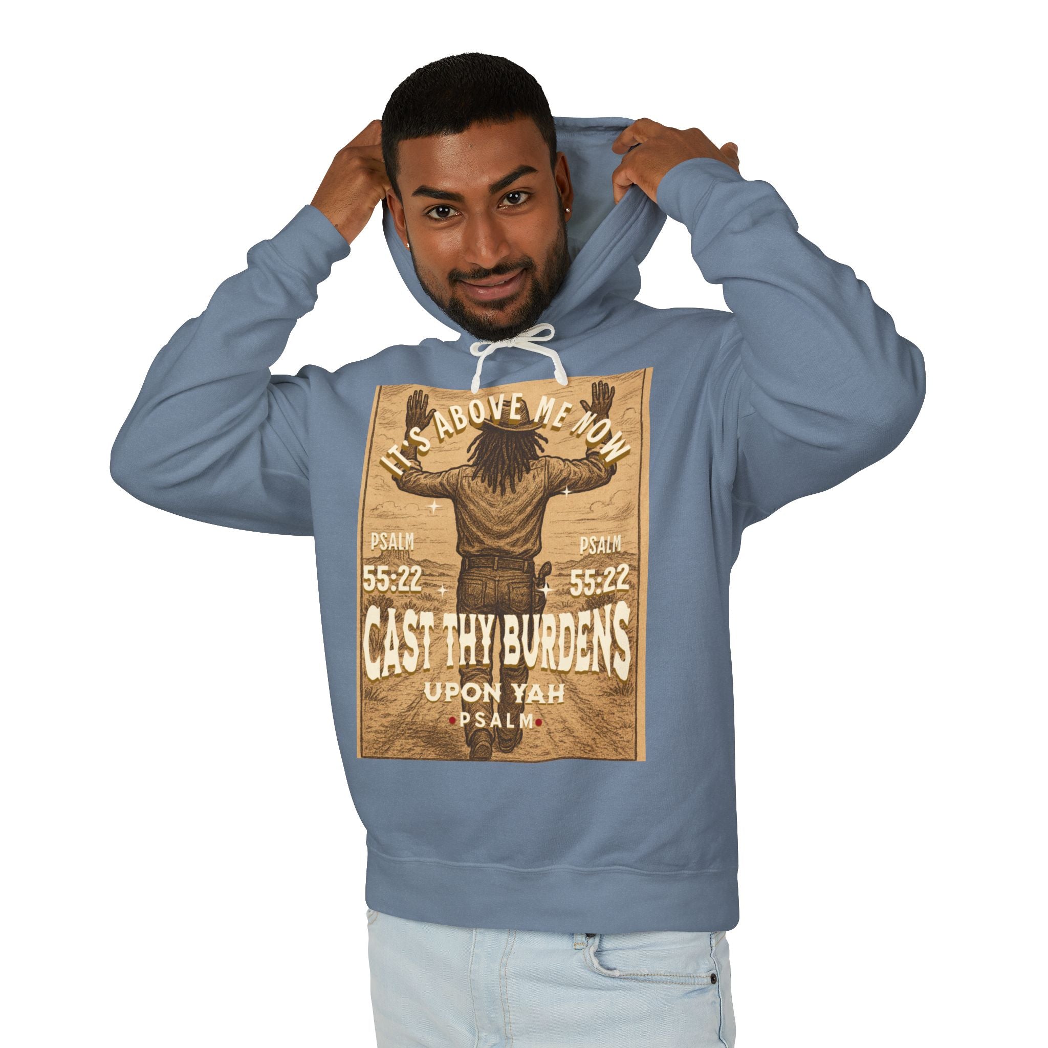 “Cast thy burdens” Lightweight Hooded Sweatshirt