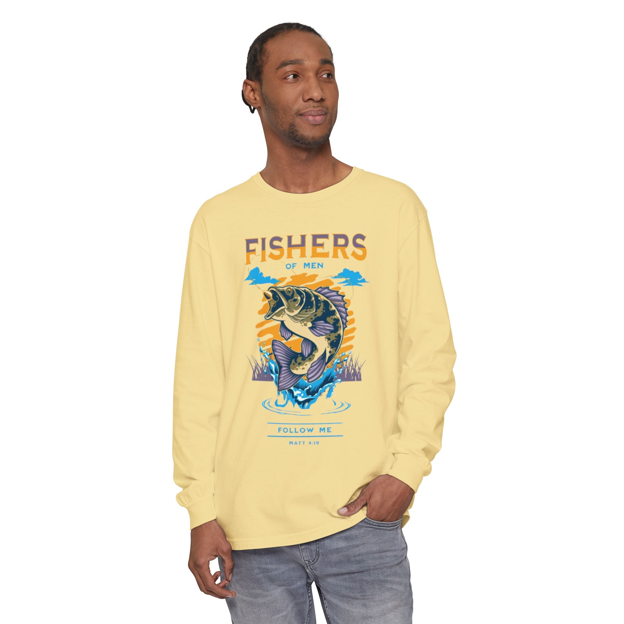 “FISHER OF MEN” Garment-dyed Long Sleeve T-Shirt